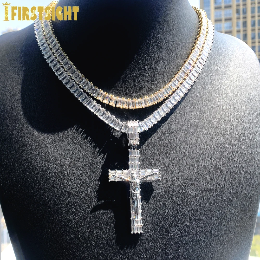 Iced Out Luxury Jesus Cross Pendant Necklace For Men Women With Tennis Chain Bling 5A Geometric Zircon Religion Hip Hop Jewelry