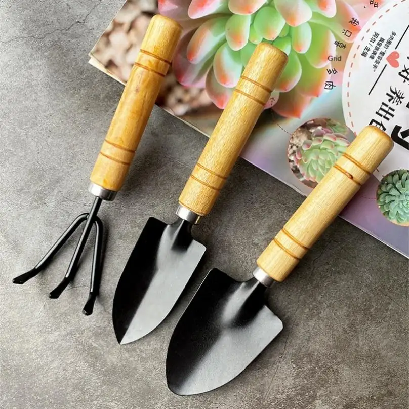 3pcs Garden Shovel Rake Potting เครื่องมือมินิไม้ Handle เหล็ก Spade สวนเครื่องมือมัลติฟังก์ชั่ดอกไม้พืชบอนไซชุดเครื่องมือ