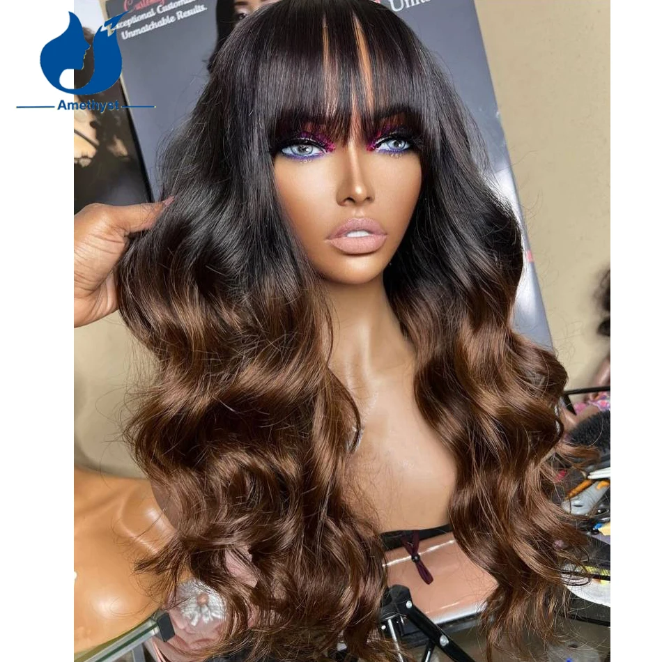 

Amethyst Body Wave Chocolate Brown Ombre Human Hair Wig With Bangs For Women Brazilian Glueless Scalp Top Full Machine Wig Remy