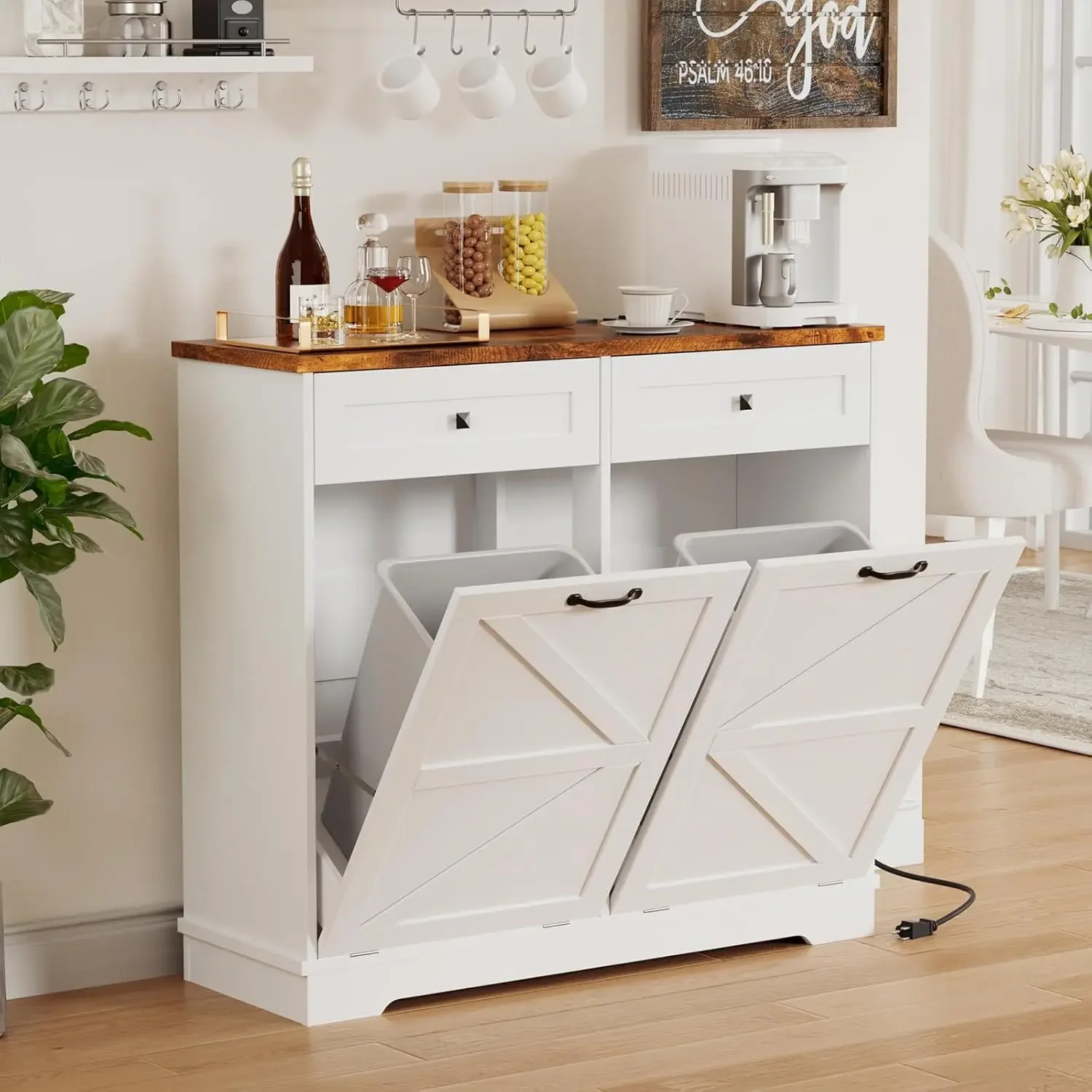 

20-галлонный наклонный шкаф для мусорного бака, двойной шкаф для мусорного бака в фермерском доме с функцией дезодоризации, деревянный мусорный шкаф