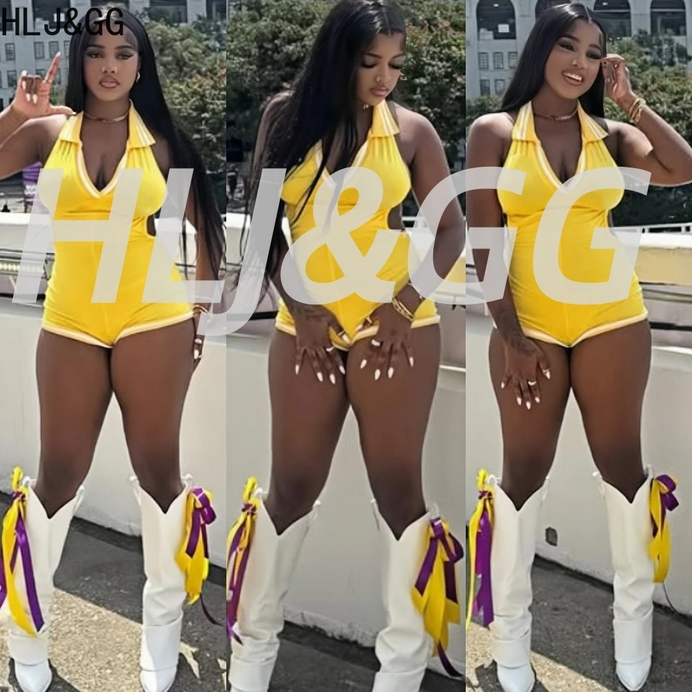 

HLJ&GG Summer New Stripe Halter Lapel One Piece Rompers Women Sleeveless Backless Bodycon Jumpsuits Sexy Stretchy Overalls 2025