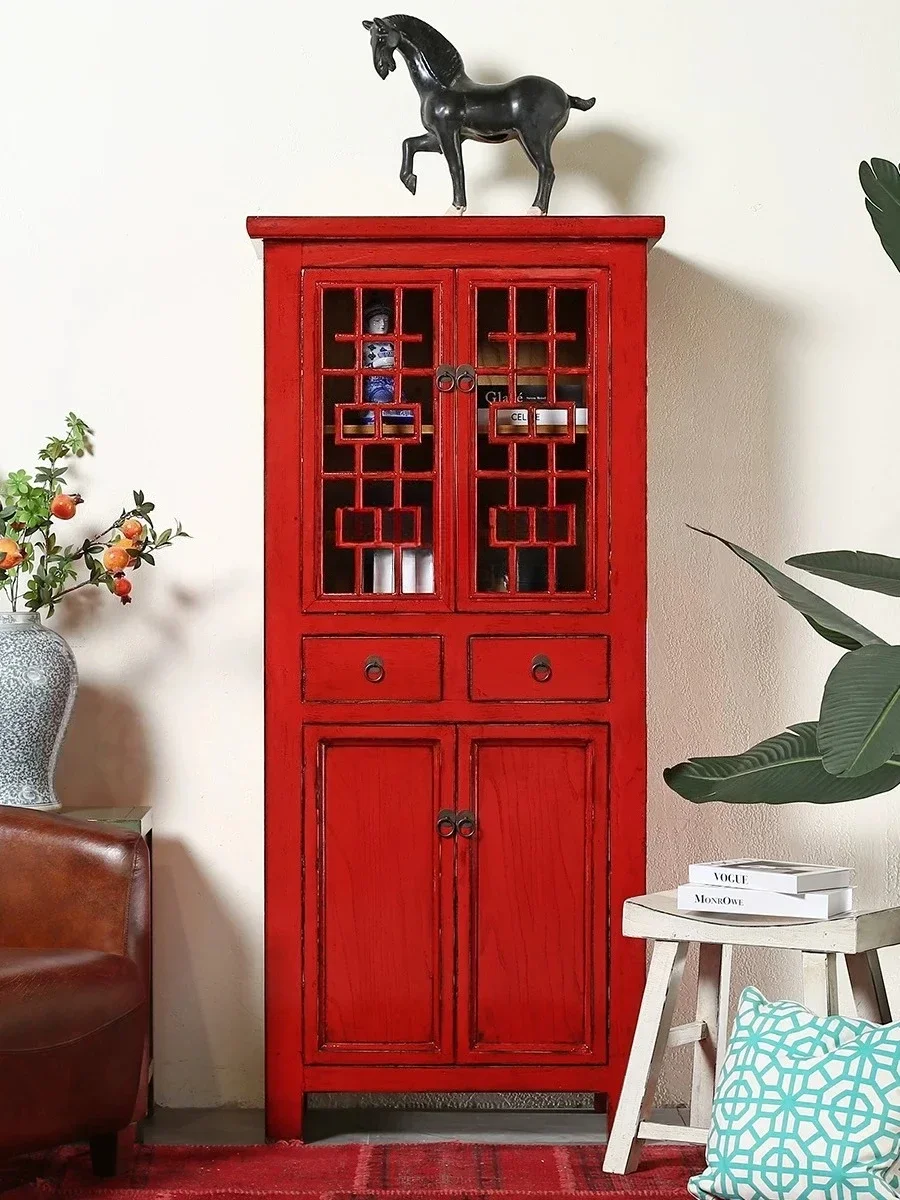 

New Chinese imitation classical furniture solid wood red paint bookcase modern storage bedroom cabinet matching