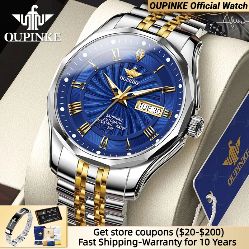 

OUPINKE Real Diamond Automatic Watch for Men Swiss Top Brand Luxury Sapphire Crystal Mirror Tungsten steel Waterproof Wristwatch