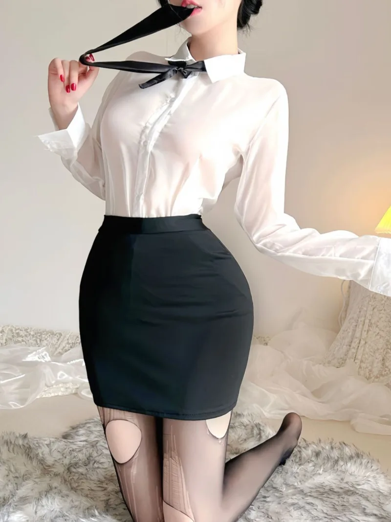 New Style Sexy Secretary Gentle Erotic Tight Wrap Hip Skirt Set Passionate Tops Temptation Uniform Mature Tie Role Playing U7ZU