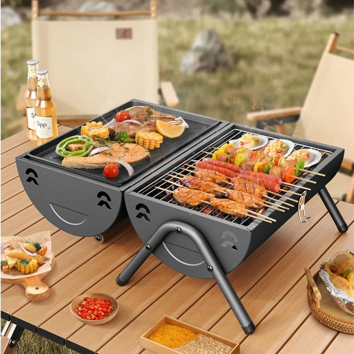 YYHC-Mini barrel-shaped charcoal grill Convenient two-sided grill