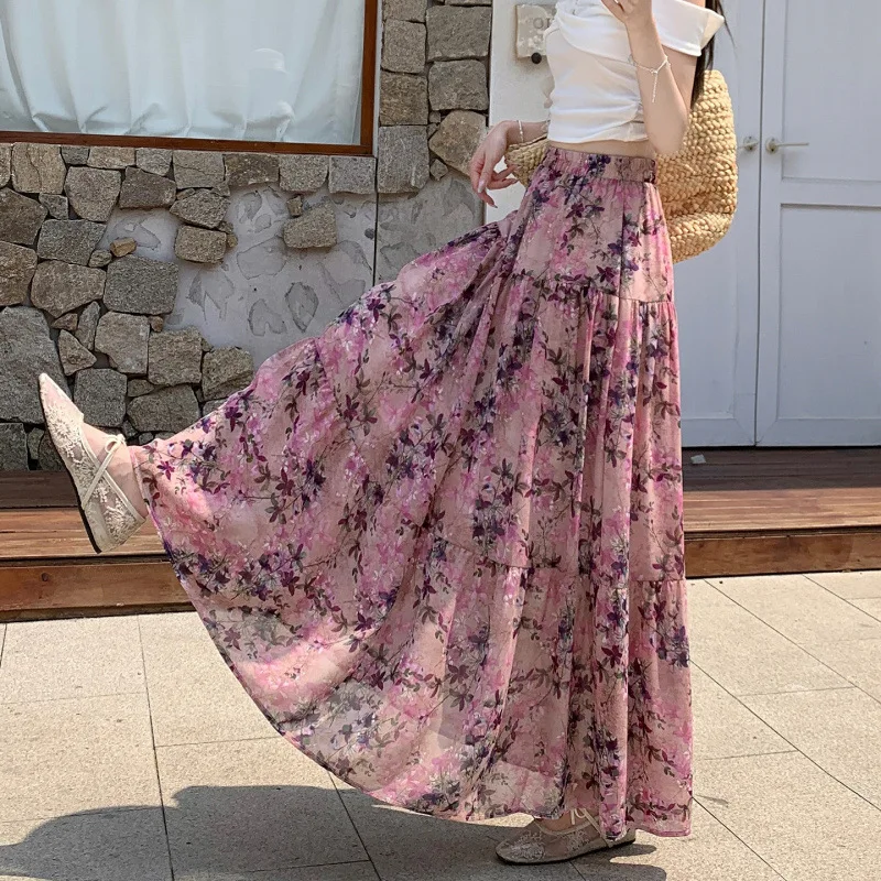 

Harajuku Vintage Pink Floral Print Tiered Maxi Skirt Elastic Waist Casual Summer Boho A-line Skirts Countryside Garden Outfits
