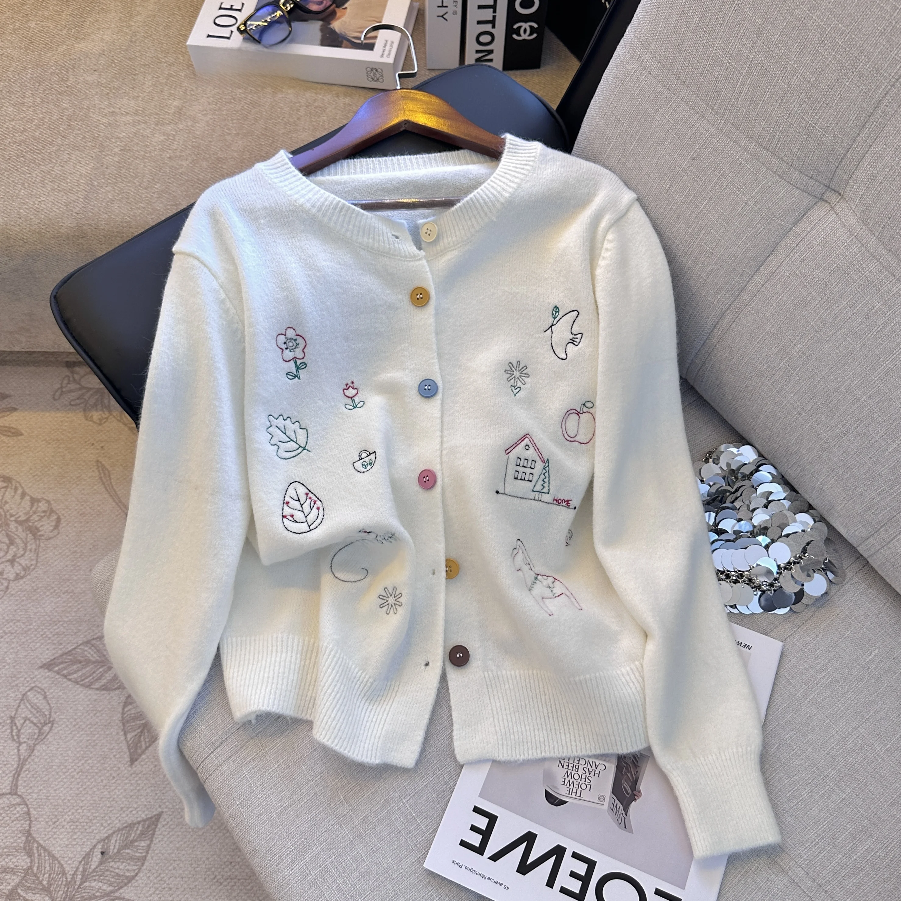 

Loose Fit Knitted Cardigan Women's Faionable Summer Autumn round Ne Embroidered Floral Thin Outerwear Casual Sle