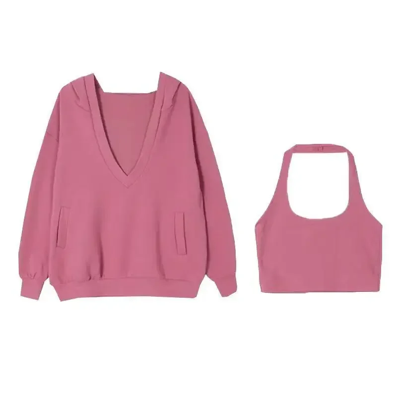 

Spring Casual Sports Hoodies Women Autumn Korean Y2k Hooded Big V-neck Loose Sweatshirt Large Size Vest With Sling Two Piece Set