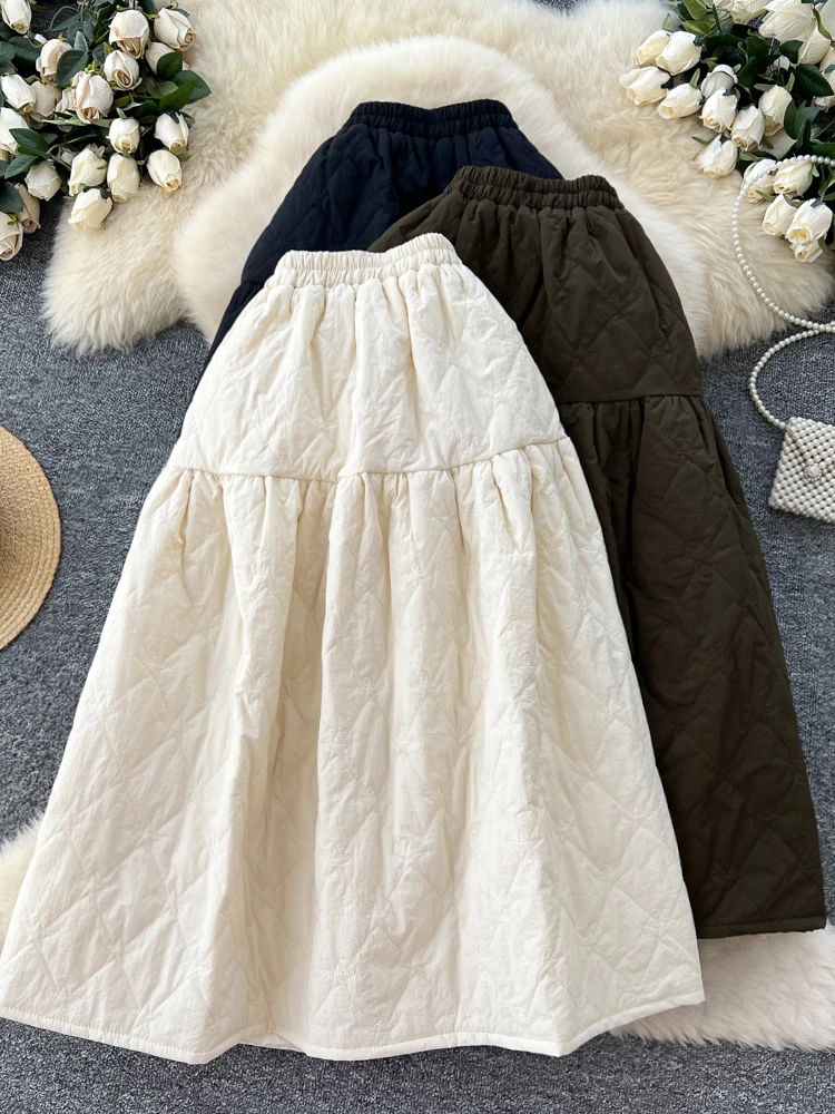 Otoño Invierno artístico versátil Simple algodón empalme medio cuerpo falda mujer coreana alta cintura A-line falda grande Swing S382