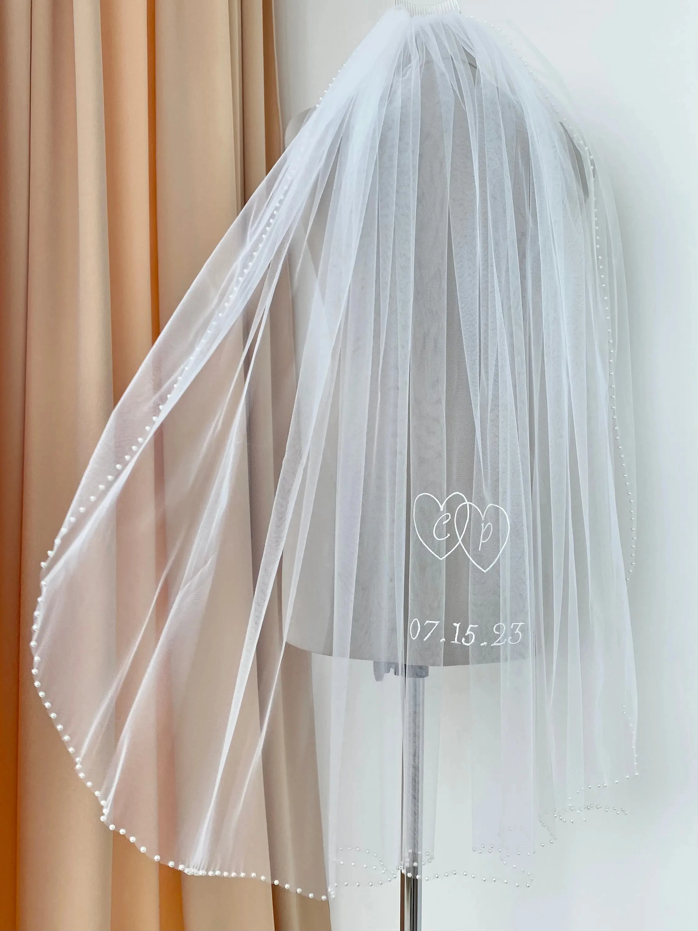 Wedding Veil With Pearls Edged Personalized Embroidered Hearts Phrases Words Initials Blusher Cathedral Long Pearl Bridal Veil