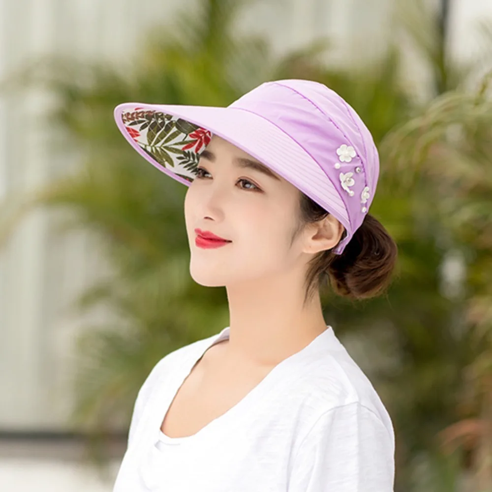 Women's Summer Visor Hat Large Brim Foldable Pearl Sun Hat UV Protection Outdoor Lightweight Sun Cap