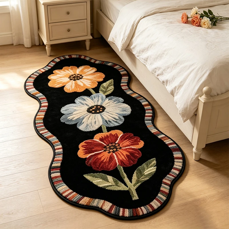Bedroom Carpet Soft Comfortable Faux Cashmere Rug Anti-slip Machine Washable Long Bedside Floor Mat Flowers Home Decor Carpets