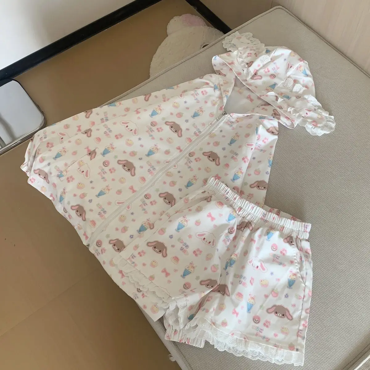 กระต่ายน่ารักหูแขนยาวสตรอเบอร์รี่กระต่ายพิมพ์ซิปHoodie + ขอบลูกไม้เอวยางยืดสั้น 2 ชิ้นชุดผู้หญิงY2kชุด