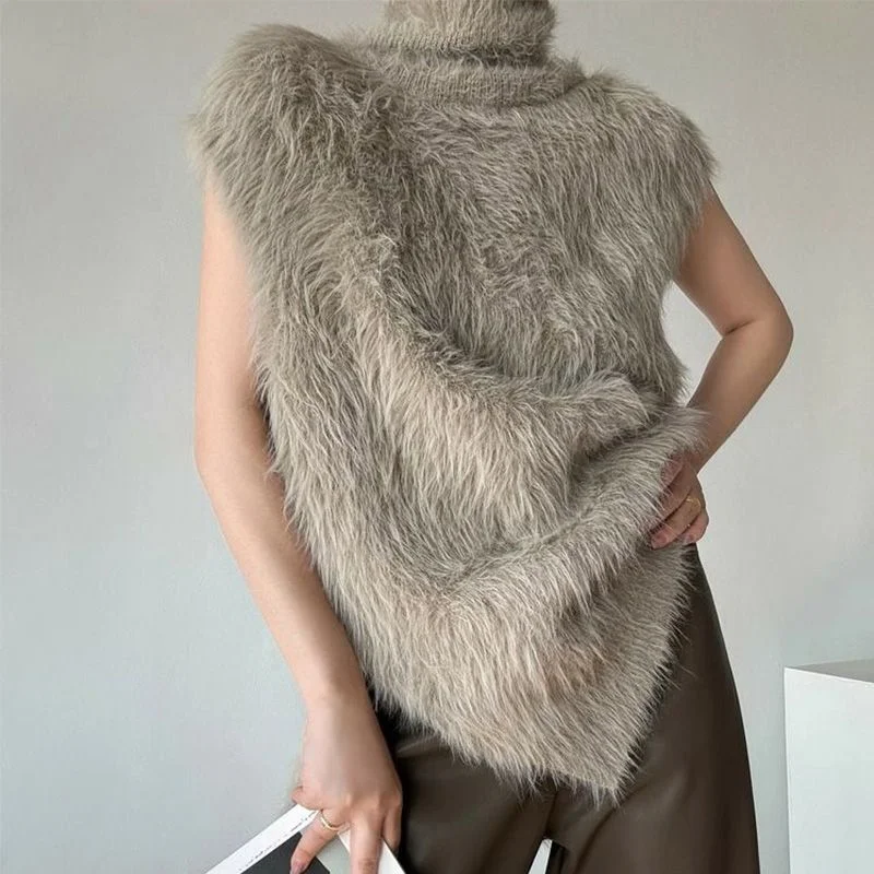 

High Neck Knitted Faux Mink Fur Sweater Women Autumn Winter Loose Lazy Style Vest Fashionable Sleeveless Versatile Top Trendy
