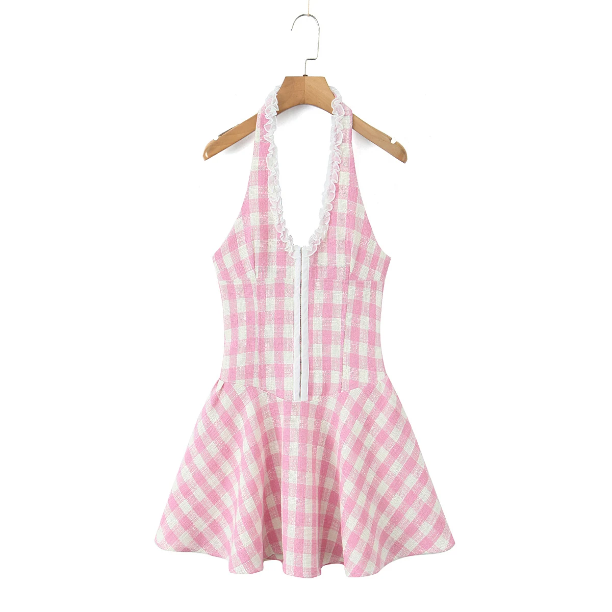 2025 Sexy Gingham Pink Plaid Spliced Wood ears Lace Halter Dress Women V neck Slim Low Waist Swing Ball Gown Short Dresses Robe