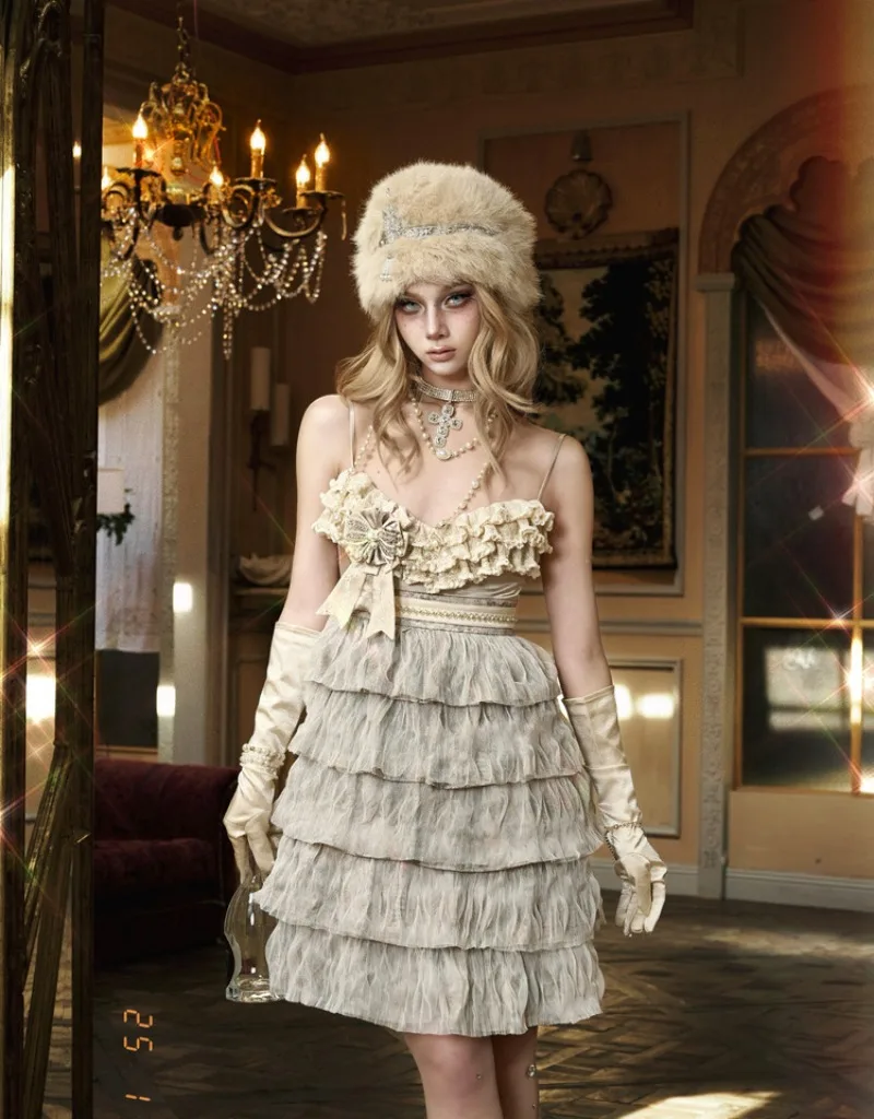 Chic Elegant Vintage High Waist Cake Lace New Year Party Slip Dress Sweet Y2k Slimming High-waisted Dresses For Women's Clothes