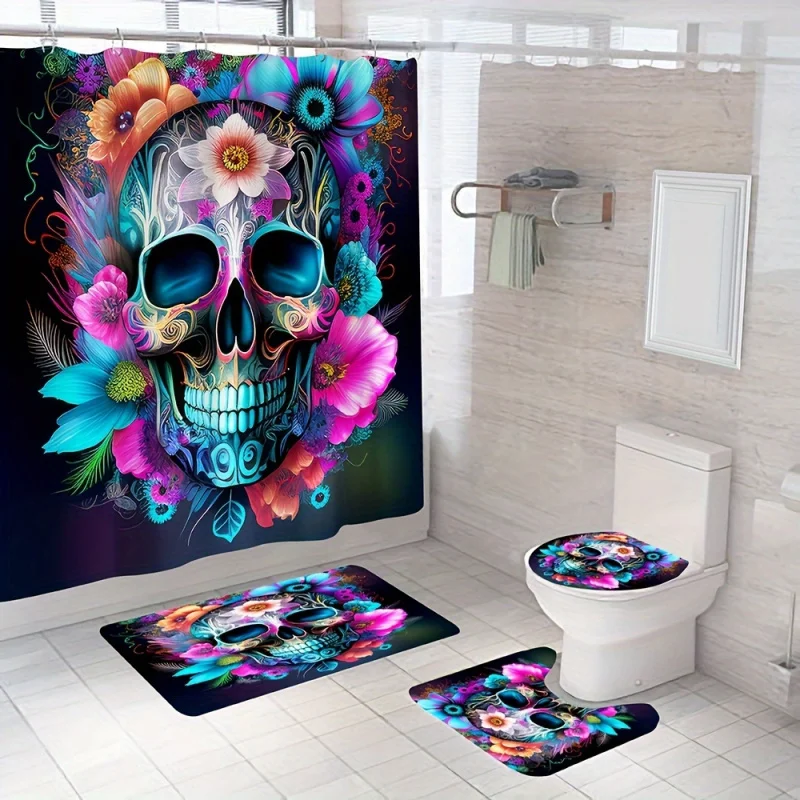 1/4pcs Colorful Flower Skull Printed Shower Curtain Set, Decorative Bathroom Set Including Waterproof Shower Curtain With Hooks,