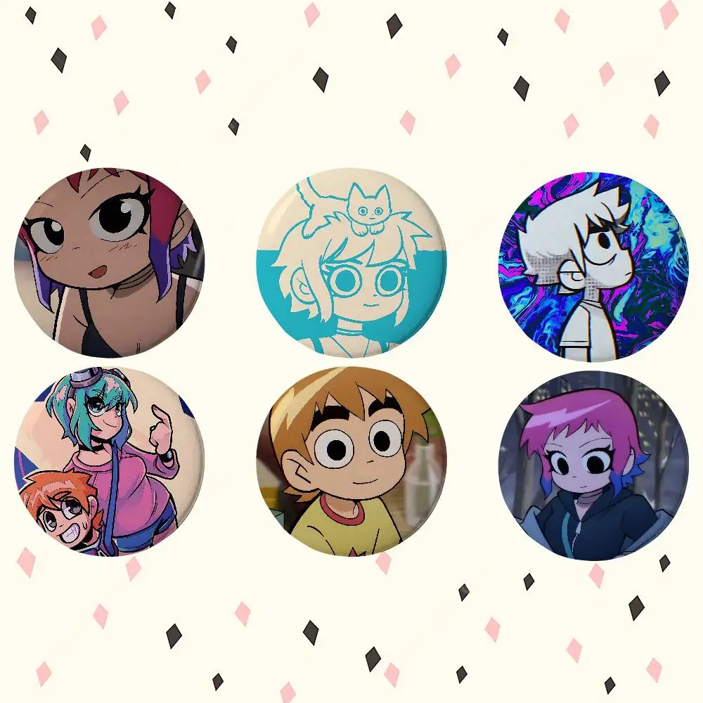Cartoon Scott P-Pilgrim Premium Tinplate Round Lapel Pins: Cute Badge Brooches For Shoulder Bag Accessories, Souvenir Gifts