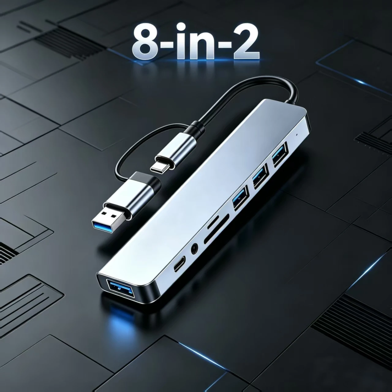 8‑in‑2 USB‑C Hub Adapter, Dual‑Interface USB C & USB‑A Plug, Multi‑Port Docking Station for Laptop Desktop PC