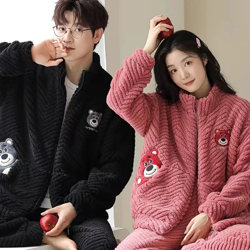 Disney couple pajamas winter two-piece set strawberry bear loungewear Disney loungewear cartoon strawberry bear couple pajamas