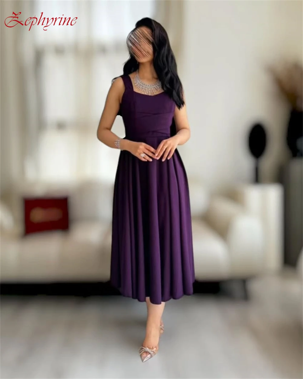 사용자 정의 절묘한 보라색 스퀘어 칼라 이브닝 드레스 우아한 새틴 민소매 댄스 파티 드레스 공식 생일 파티 Dresse