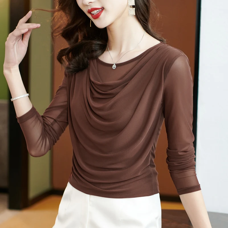 

Новые женские сетчатые футболки с длинным рукавом, топы с круглым вырезом, майки для женщин на весну и осень, размеры M-4XL