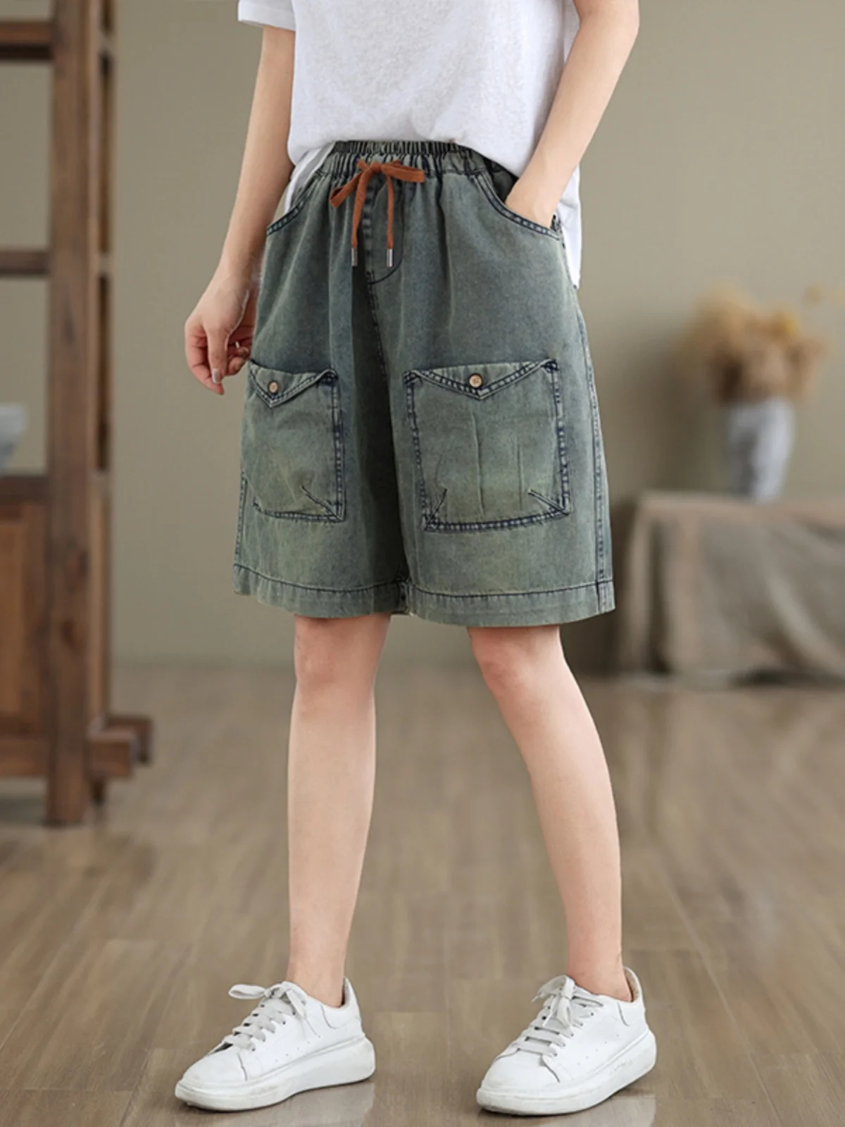 

Summer Thin Casual Retro Five-Point Women's Denim orts High Waist Wide Leg Pants Korean Version Slimming Effect