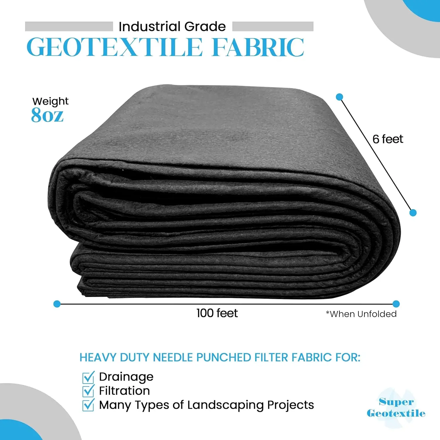 Non Woven Fabric for Landscaping, French Drains, , Erosion Control, Construction Projects - 8 oz Ships Folded