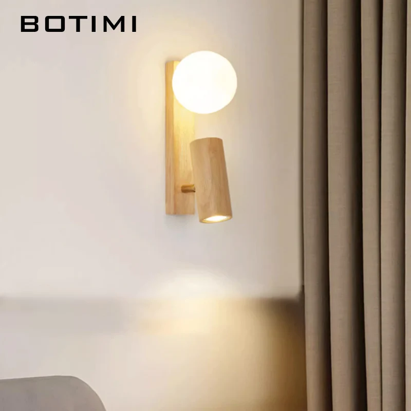 BOTIMI Adjustable Solid Wood Bedside Wall Lamp Modern Wooden Bedroom Adjust Luminaires Hotel Lights Nordic Wall Sconce