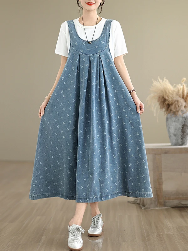 레트로 아티스틱 루즈 캐주얼 데님 베스트 드레스 여름 신상 플로럴 자수 와이드 레그 청 스커트 여성 한국 스타일 미디 드레스