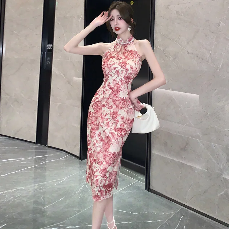 Gaun Belah Tanpa Lengan Seksi Musim Panas Cheongsam Kerah Mandarin Tradisional Tiongkok Qipao Panjang Gambar Cetak Wanita Merah Vestidos Elegan