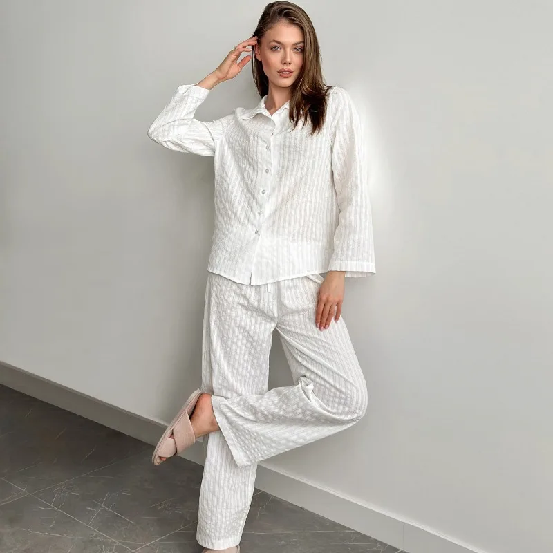

Women's Loungewear Set New 2026 European American Autumn Winter Long Sleeve Pants Pajamas Pure Cotton Jacquard Trousers L Size