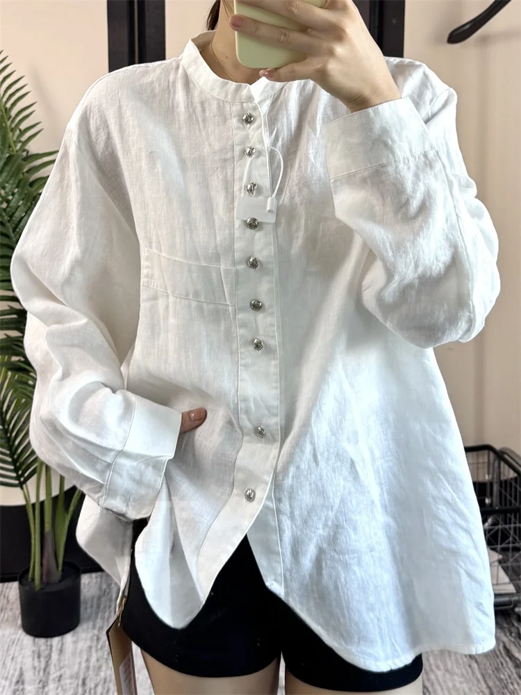 Confortável linho irt emagrecimento solto gola henry outono senhoras faion casual sle pele-amigável respirável longo sve