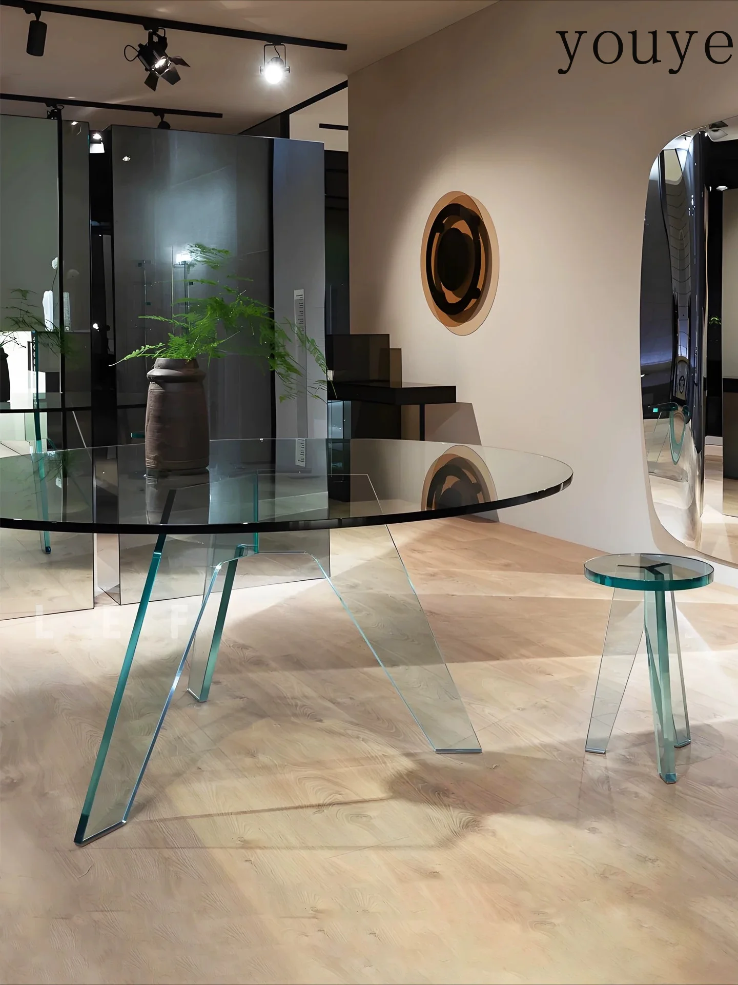 

Italian minimalist tempered glass round dining table guest restaurant small apartment office designer negotiation table