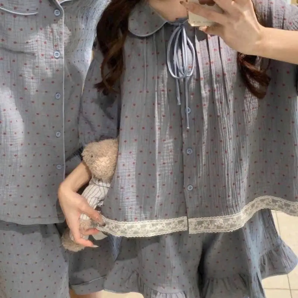 French Style Dot Sweet Pajamas Set O Neck Loose Short Sleeve Nightwear Home Wear Suit Lace Ruffle 2 Pieces Sleepwear Sleep