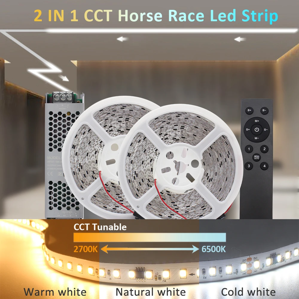 

Horse Race Dual Color LED Strip Light 24V 2835 CCT Cool Warm White Running Water Flowing Ribbon 20M 1903 IC Chasing Linear Lamp