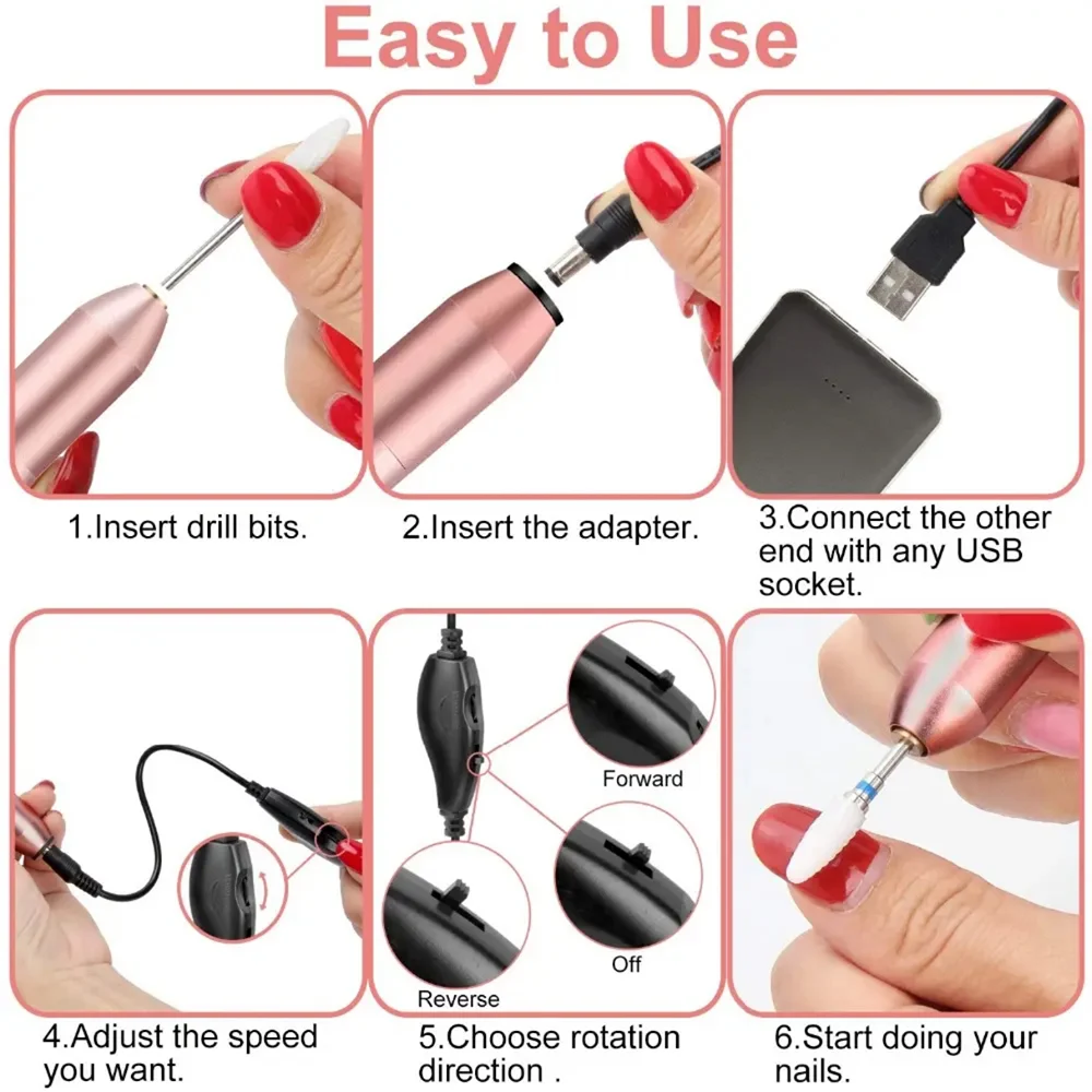 Portable Cordless Nail Drill Lightweight Electric File Kit for Acrylic Gel Beginners Home Use
