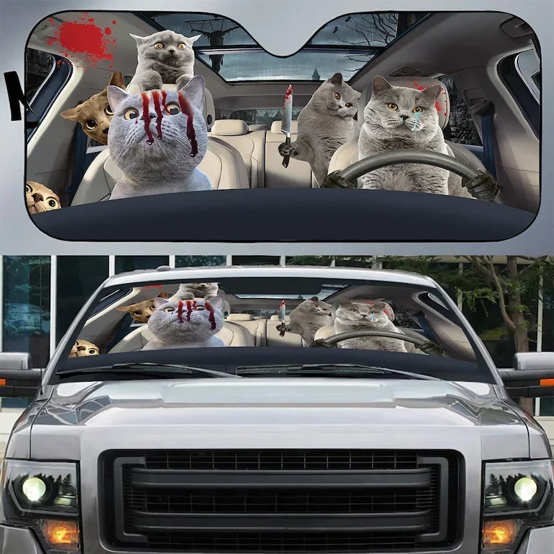 British shorthair Cat Scary Blood Windshield Sunshade, Cat Halloween Car Sunshade, Halloween Gift Idea, Halloween Gift