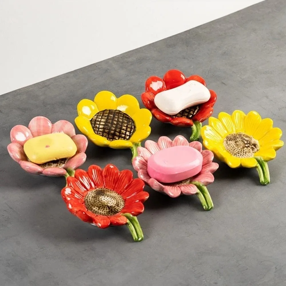 Creative Sunflower-shaped Ceramic Soap Dish Non-slip Compact Ceramic Soap Tray Draining Tray Vintage Soap Holder Home Decoration