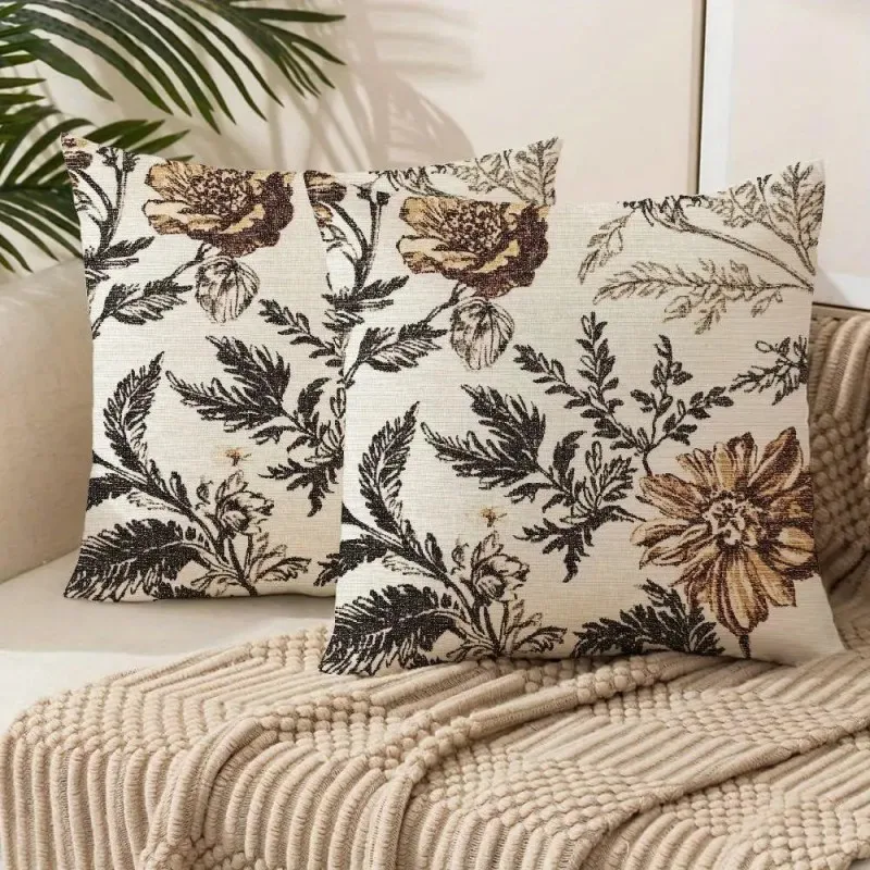 

2PCS Vintage Brown-Tone Floral Polyester Pillowcase 2D Flat Design Multi-Season Ideal for Sofa & Living Room Decor Use