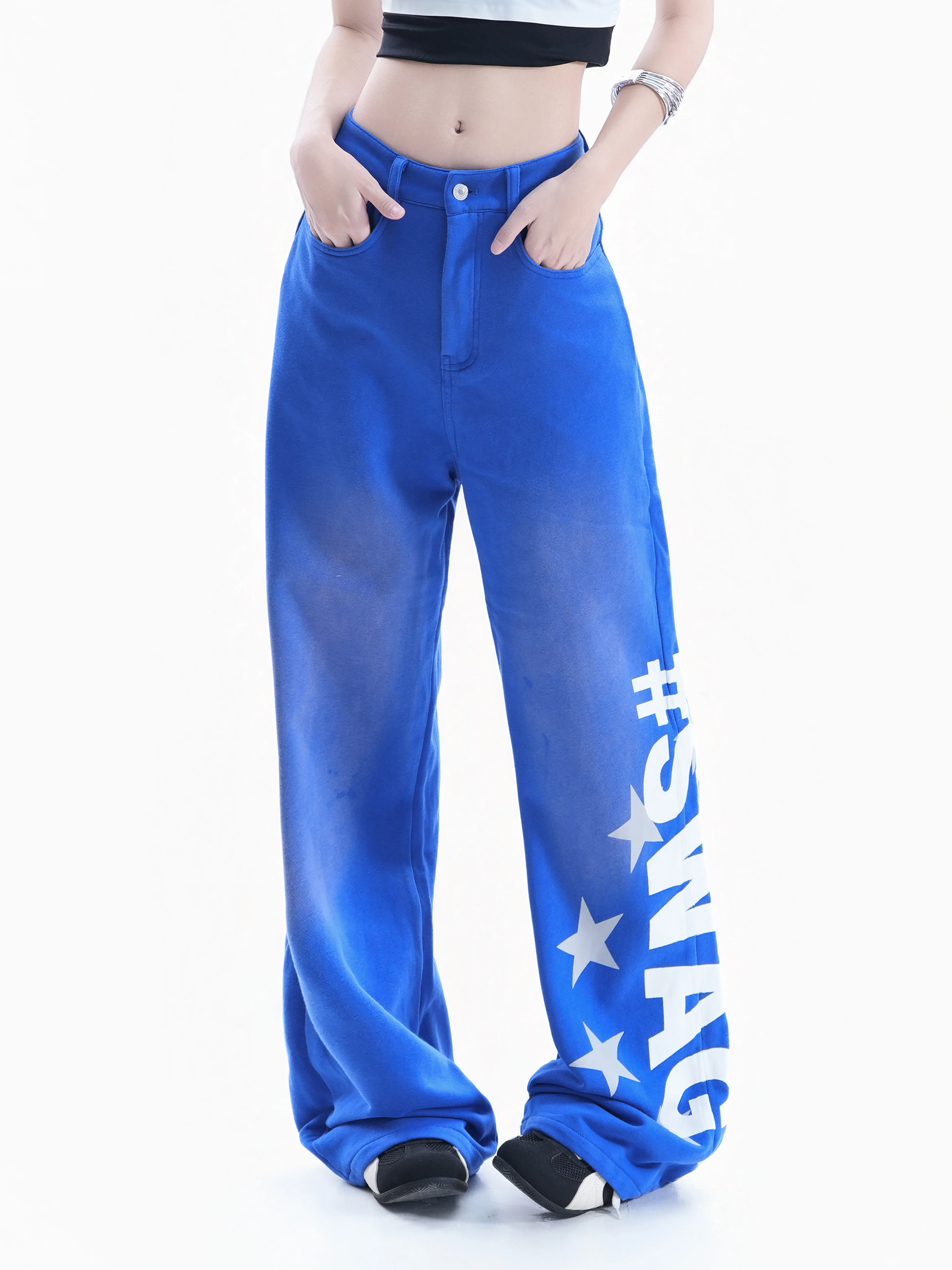 

American High Street Gradient Wide Leg Sweatpants Women's Star Letter Print Loose Straight Casual Pants Cotton Polyester Blend