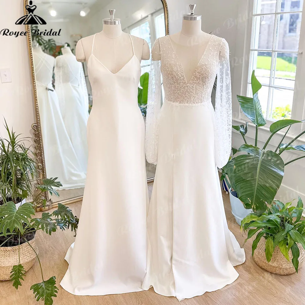 Brautkleid Summer Mermaid/Trumpet Boho Soft Satin Split Side Wedding Dress with V Neck Bridal Reception Party Gown Roycebridal