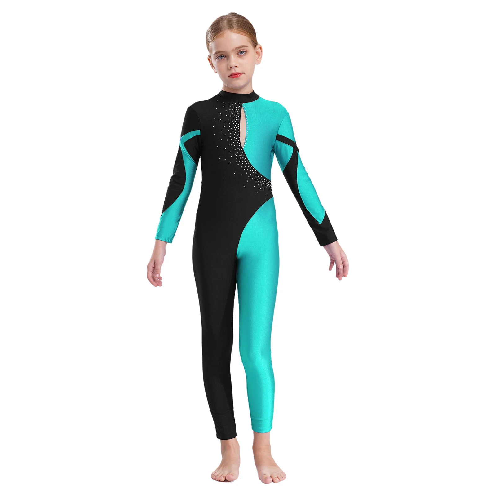 

Kids Girls Gymnastics Jumpsuit Long Sleeve Shiny Rhinestones Contrast Color Leotard Bodysuit Ballet Figure Skating Dance Costume