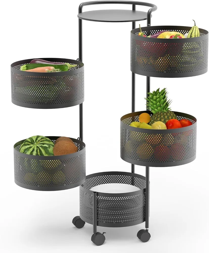 

JAQ Rotating Fruit Basket, 5-Tier Metal Sturdy Kitchen Storage Rack Shelf Carts No Assembly on Rolling Wheels for Fruit