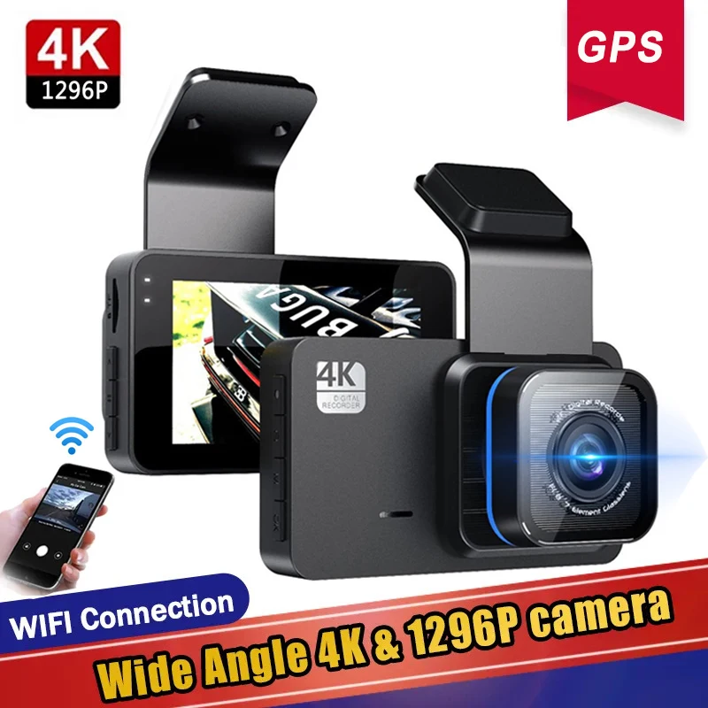 Car DVR Wifi GPS Dashcam IPS 4K&1296P Dual Lens Registrator Auto Vehicle Camera Video Recorder 24 Hours Parking Monitor