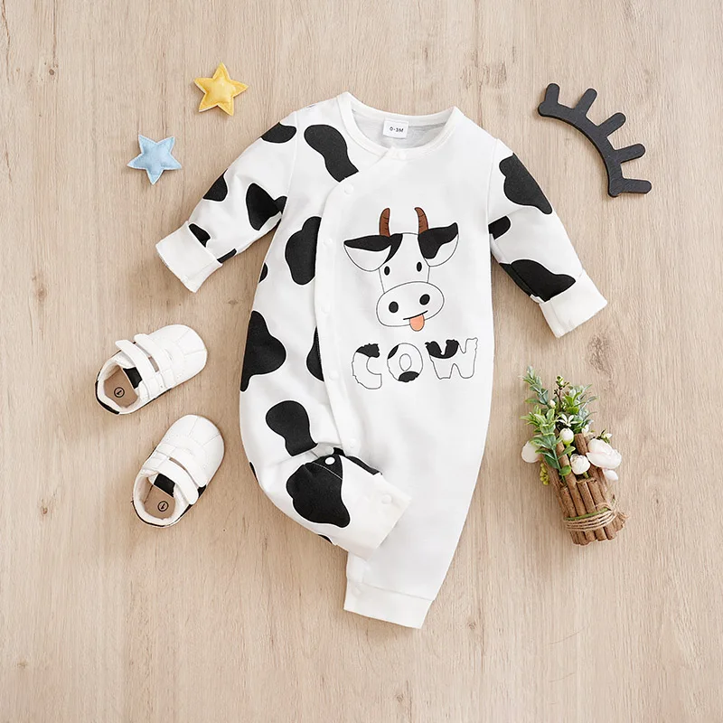 New Designer  Clothing  100 cotton spring and fall long-sleeved baby onesies Black and white cows   Short Sleeves   Fashion