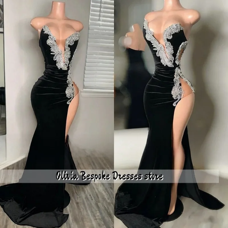 

Black Prom Dresses Black Girl Beaded Mermaid Evening Gowns Sweetheart Elegant Wedding Party Wear Customized