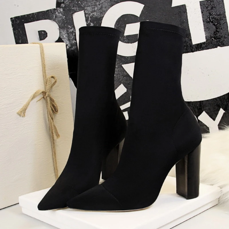 Sexy High Heel Sock Boots Women Mid-Calf Boots Pointed Stretch Fabric Thin Heeled Women Boots Autumn Winter Shoes Female Booties