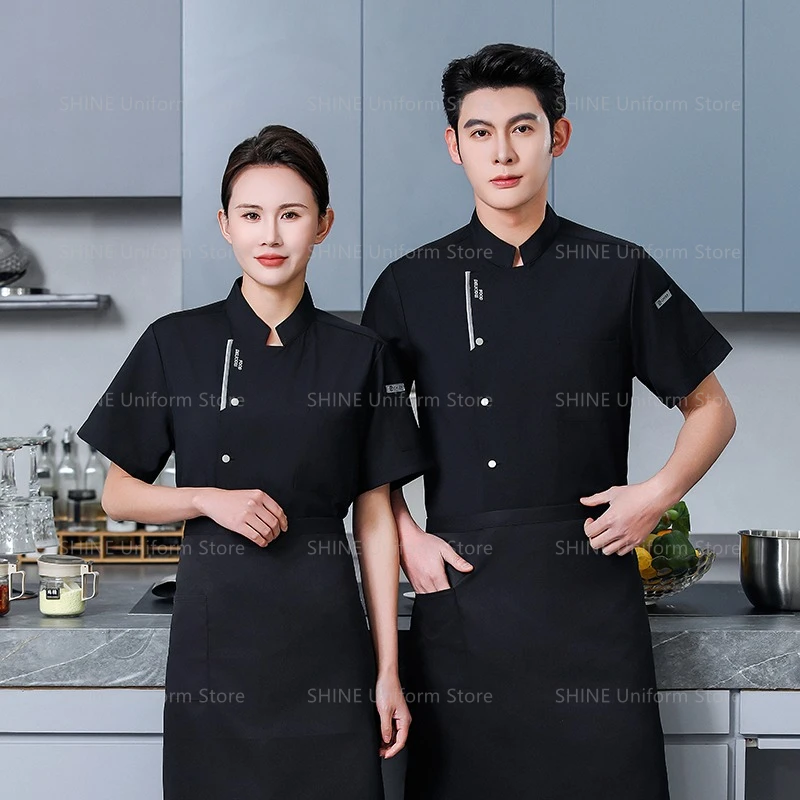 Abrigo de Chef de restaurante transpirable para hombre, uniforme de Chef de manga corta, chaqueta de cocina, delantal blanco, ropa de trabajo, logo, pantalones cortos de Chef de verano