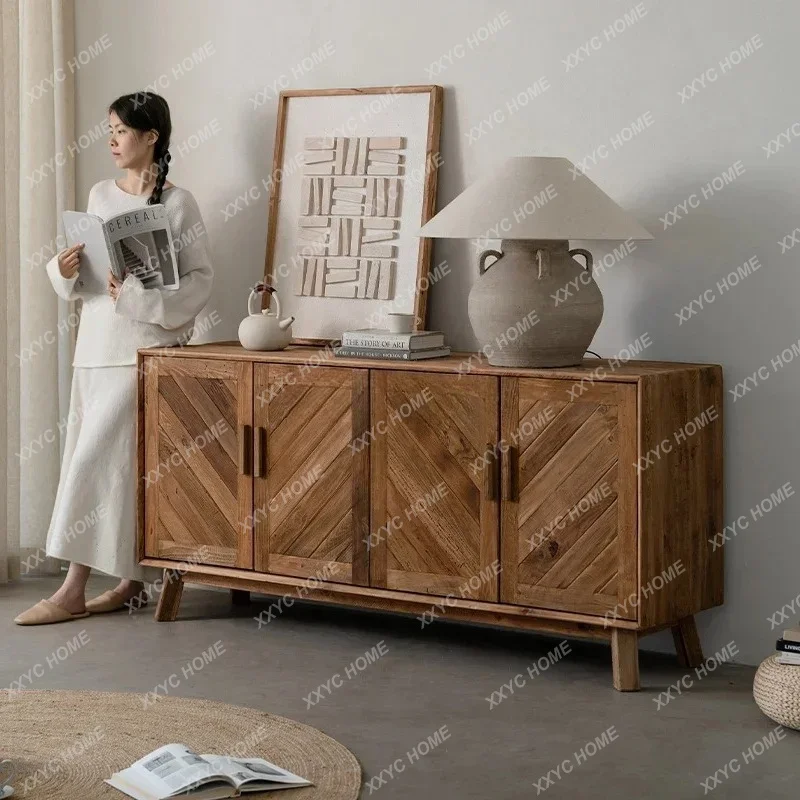SL12Wabi-Sabi Style Solid Wood Spliced Sideboard Four-Door Storage Vintage Old Pine Entrance Cabinet